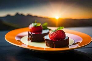 chocolate pastel con fresas en un plato a puesta de sol. generado por ai foto