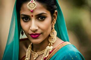 a beautiful indian woman wearing a sari and jewelry. AI-Generated photo