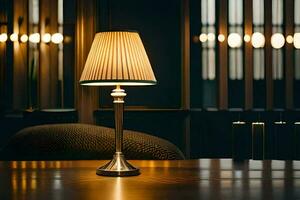 a table lamp is sitting on a table in front of a chair. AI-Generated photo