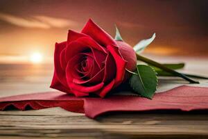 a single red rose on a wooden table with a sunset in the background. AI-Generated photo