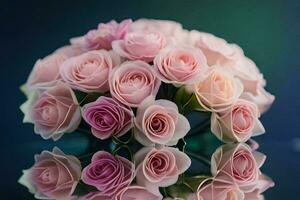 rosado rosas son reflejado en un florero en un azul antecedentes. generado por ai foto
