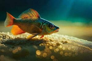 a fish is standing on the sand with bubbles. AI-Generated photo