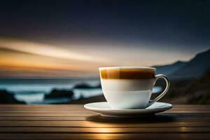 a cup of coffee on a wooden table in front of the sea. AI-Generated photo