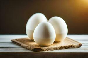 three eggs on a wooden tray. AI-Generated photo