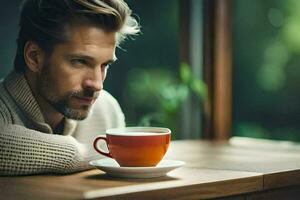 a man is sitting at a table with a cup of coffee. AI-Generated photo