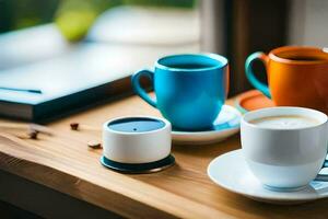 three coffee cups sit on a table next to a coffee pot. AI-Generated photo