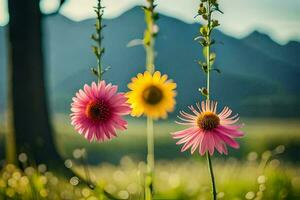 three flowers are standing in front of a mountain. AI-Generated photo