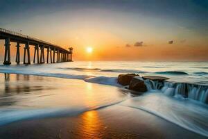 el Dom conjuntos terminado el Oceano y muelle. generado por ai foto