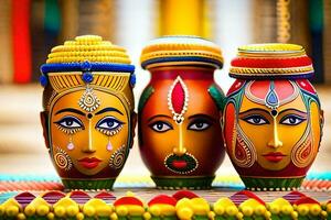 three colorful vases with faces painted on them. AI-Generated photo