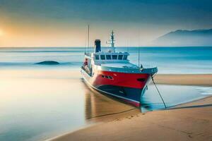 a fishing boat on the beach at sunset. AI-Generated photo