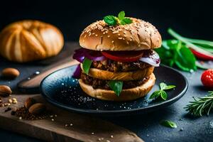 a hamburger with vegetables and herbs on a black plate. AI-Generated photo