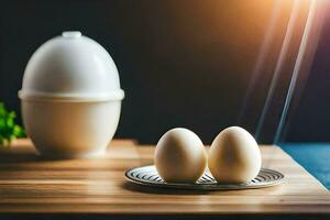 two eggs on a cutting board with a white egg in the middle. AI-Generated photo