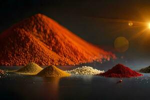 the sun is shining on a pile of spices. AI-Generated photo