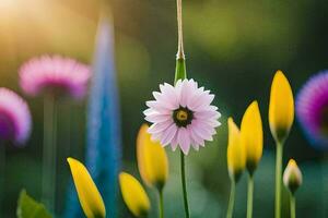 a flower hanging from a string in the sun. AI-Generated photo