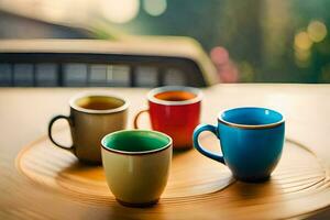 four colorful cups sitting on a wooden tray. AI-Generated photo