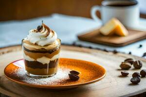 the coffee and chocolate dessert is served on a wooden table. AI-Generated photo