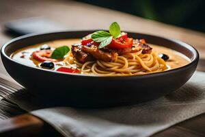 espaguetis con carne y vegetales en un bol. generado por ai foto