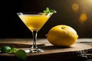 a lemon and a martini on a wooden table. AI-Generated photo