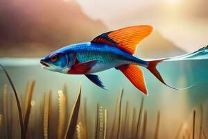 a fish swimming in the water with grass and reeds. AI-Generated photo