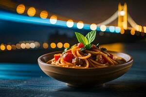 a bowl of pasta with a view of the bridge. AI-Generated photo