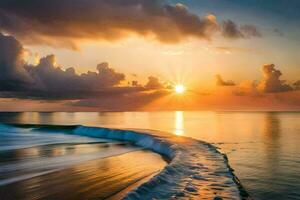 the sun rises over the ocean and waves. AI-Generated photo