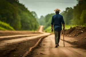 un hombre caminando abajo un suciedad la carretera con un caña. generado por ai foto