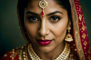 a beautiful indian woman wearing a red and gold traditional bridal outfit. AI-Generated photo
