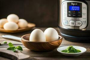 eggs in a bowl next to an instant pot. AI-Generated photo