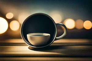 a cup of coffee on a table with bokeh lights. AI-Generated photo