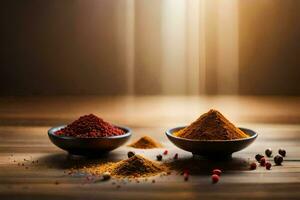 spices in bowls on a wooden table. AI-Generated photo