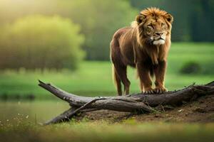 un león en pie en un caído árbol rama en el césped. generado por ai foto