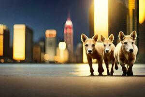 three dogs walking in front of a city skyline. AI-Generated photo