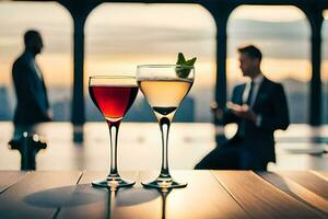 dos lentes de vino en un mesa con un hombre en un traje. generado por ai foto