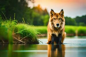 un lobo es en pie en el agua a puesta de sol. generado por ai foto