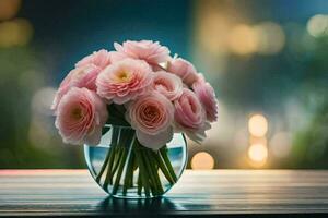 pink flowers in a vase on a table. AI-Generated photo