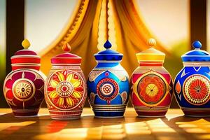 colorful vases lined up on a table. AI-Generated photo