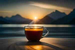 a cup of tea on a table in front of a lake and mountains. AI-Generated photo
