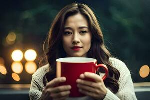 a woman holding a red coffee cup. AI-Generated photo