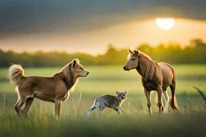 dos caballos y un gato en un campo a puesta de sol. generado por ai foto