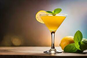 a cocktail with lemon and mint on a wooden table. AI-Generated photo