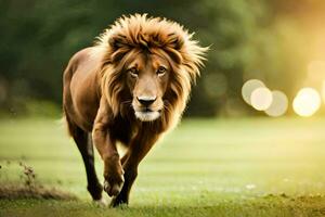 un león corriendo a través de un campo. generado por ai foto