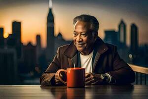 un más viejo hombre sentado a un mesa con un café taza. generado por ai foto