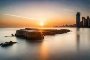 the sun sets over the city skyline in this long exposure photograph. AI-Generated photo