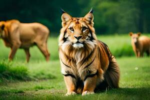 a tiger is sitting in the grass with other animals. AI-Generated photo