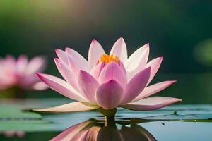 a pink lotus flower is reflected in the water. AI-Generated photo