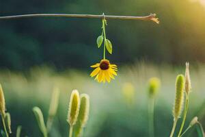 a single yellow flower hangs from a branch in the grass. AI-Generated photo