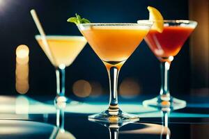 three different cocktails are shown on a glass. AI-Generated photo