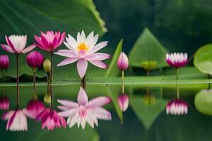 rosado loto flores en el agua con verde hojas. generado por ai foto