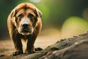 a brown dog is standing on the dirt. AI-Generated photo