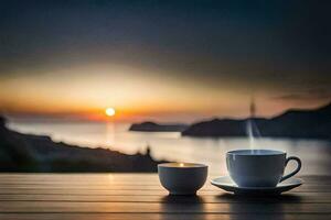 coffee and tea on the table, sunrise, the sea, the sky, hd wallpaper. AI-Generated photo